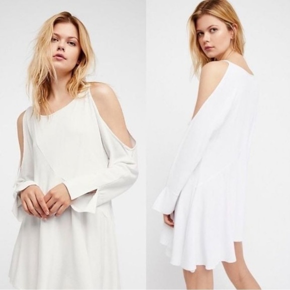 Free People Mini Dress Top Cold Shoulder Ivory White beach longsleeve size Small - Picture 1 of 8